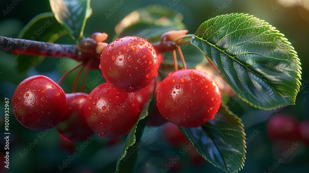 Obraz premium Close-up of Ripe Cherries with Dew Drops
