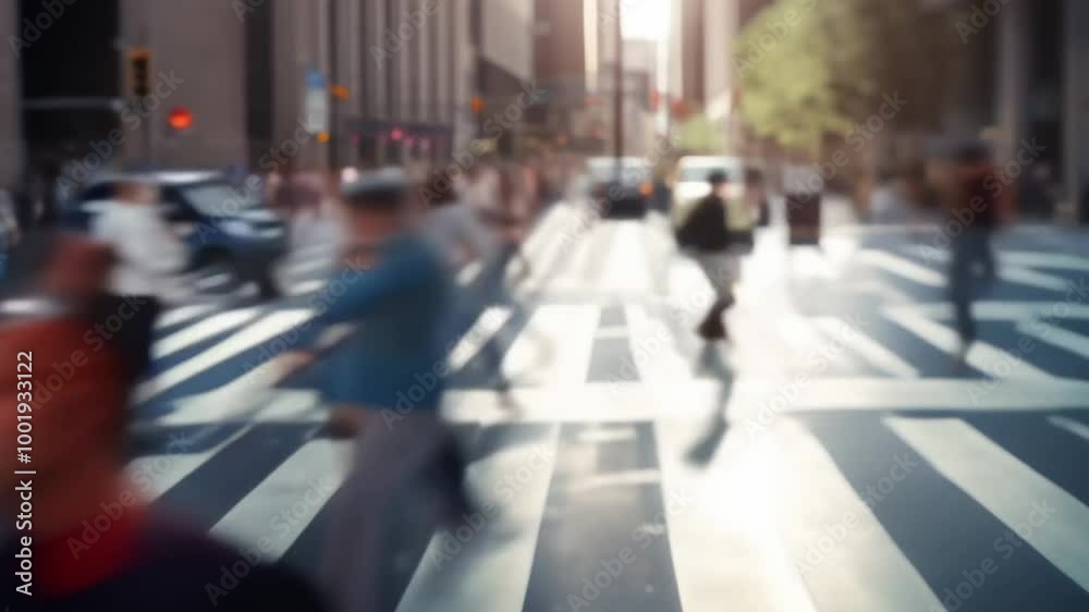 Busy city crosswalk with people rushing, showcasing urban life in motion. Energy of downtown hustle and bustle captured in blurred crowd