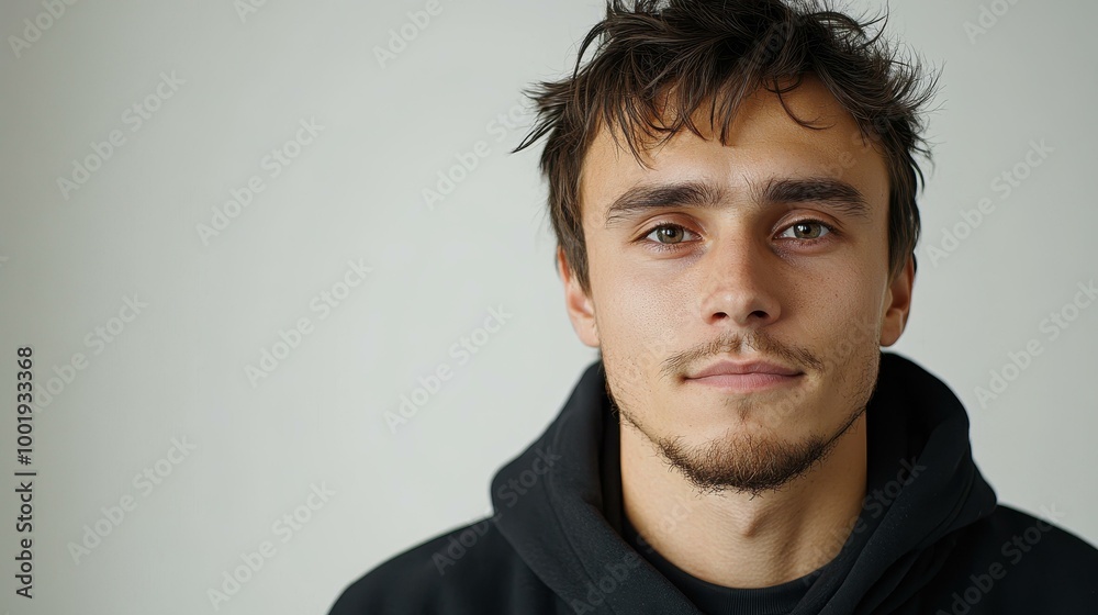 A striking Russian man with a short stubble and black hoodie, showcases his charm in a clean, bright setting.