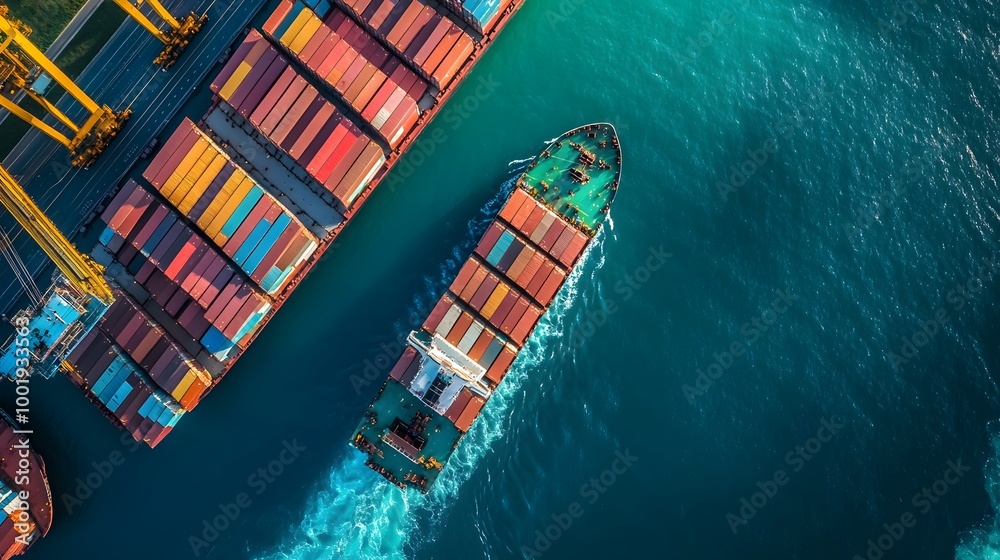 A vibrant aerial view of a cargo ship navigating through blue waters, surrounded by colorful shipping containers at a busy port. A vibrant aerial view of a cargo ship navigating through blue waters, surrounded by colorful shipping containers at a busy port.