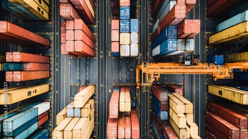 Aerial view of a shipping container yard, filled with colorful containers stacked neatly, illustrating logistics and maritime transport. photo