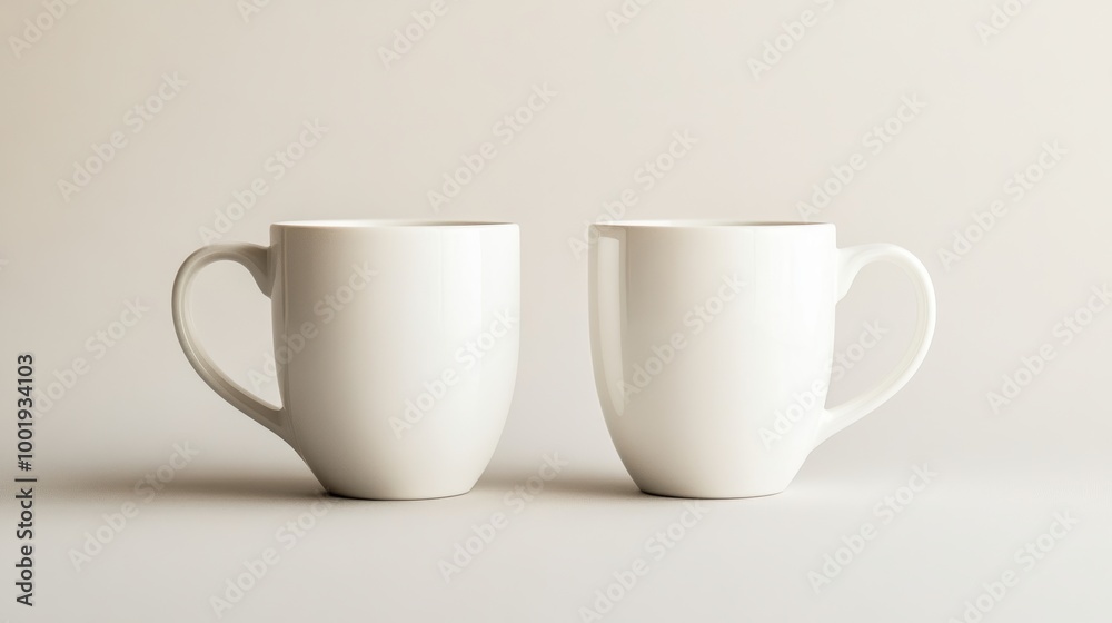 Two white ceramic mugs on neutral background Two white ceramic mugs on neutral background