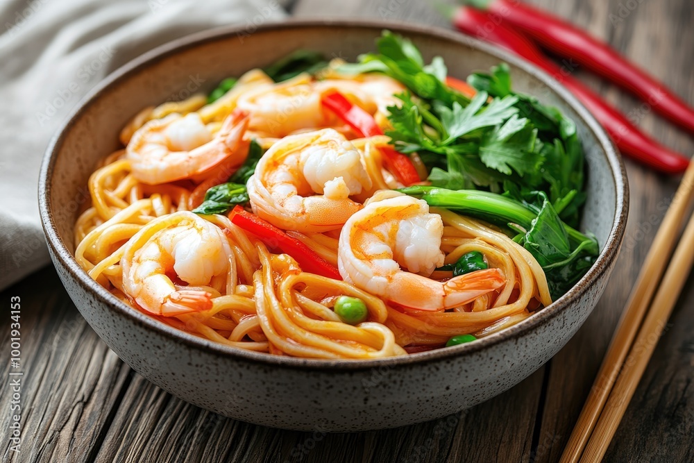 A bowl of noodles with shrimp, red peppers, and green vegetables A bowl of noodles with shrimp, red peppers, and green vegetables