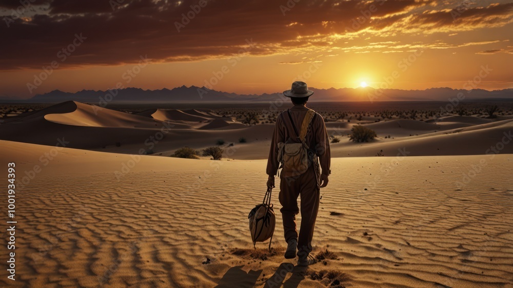 Lone Traveler in the Desert at Sunset Lone Traveler in the Desert at Sunset