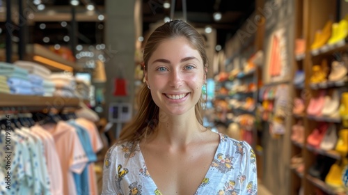 Young woman smiling in a vibrant retail store aisle