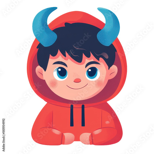 A cute boy in a red devil costume hoodie with horns, perfect for Halloween fun and festivities. photo