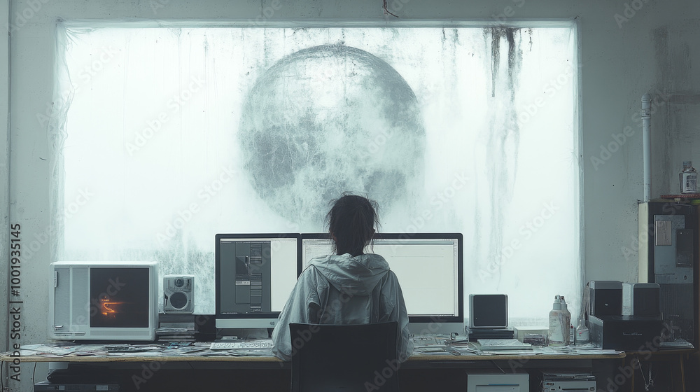 Fototapeta premium A woman sits at a desk with her back to the camera, working on a computer. A large, abstract moon image hangs in the window behind her.