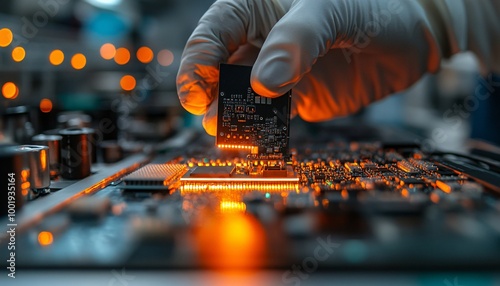 Precision Teamwork: Technicians Assembling Electronic Components in Cleanroom Environment photo