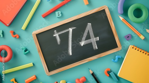 Learning the number 74 blackboard notebook pencil and learning accessories isolated on colorful background