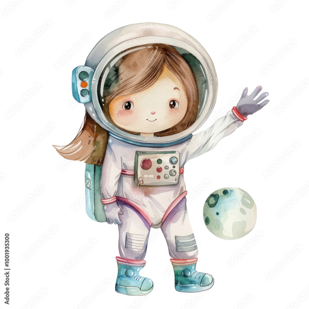 A young girl in a space suit is holding a ball and waving A young girl in a space suit is holding a ball and waving
