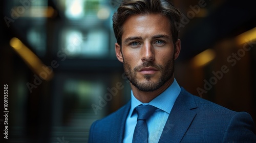 Confident businessman in a tailored suit standing in a modern urban setting with soft lighting during early evening hours