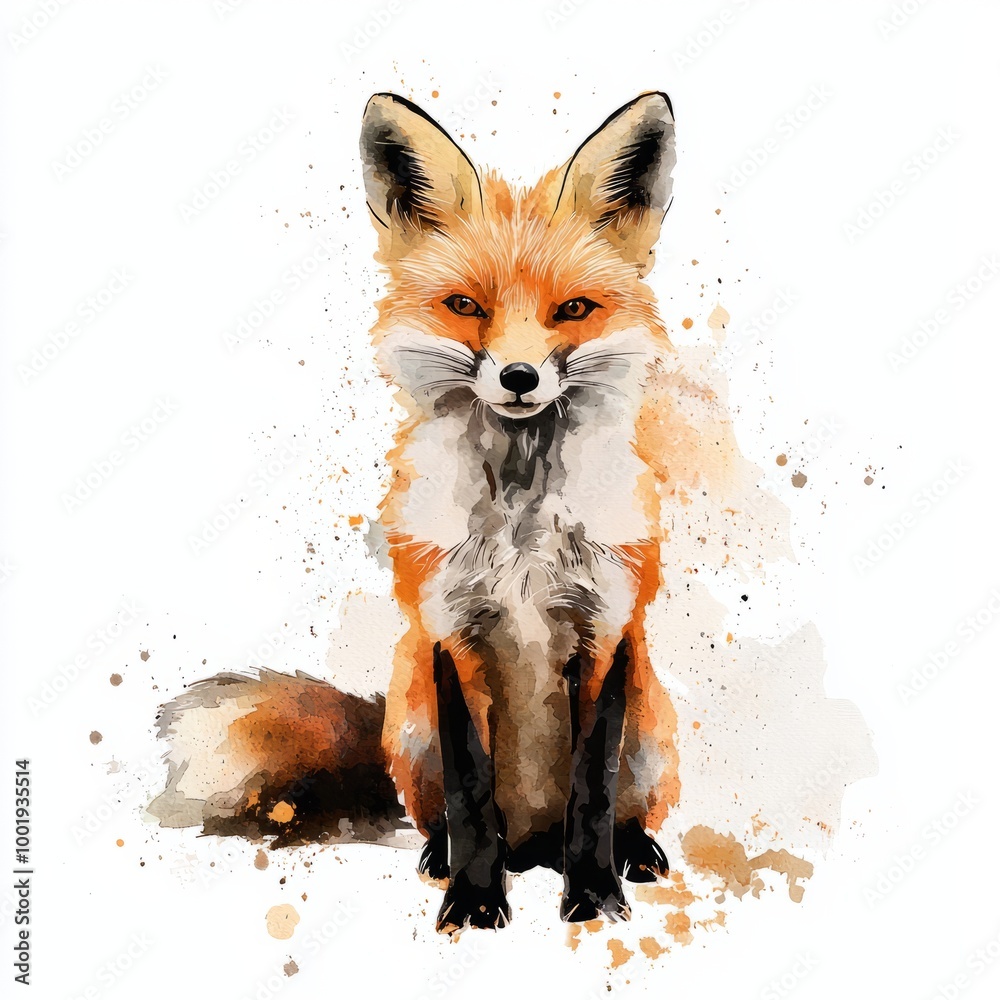 Watercolor painting of a stuffed fox with a bushy tail, on isolated white background Watercolor painting of a stuffed fox with a bushy tail, on isolated white background