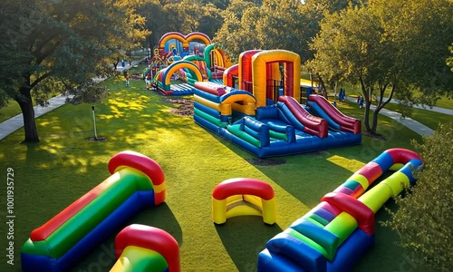 Colorful inflatable slides and bounce houses in a park setting.