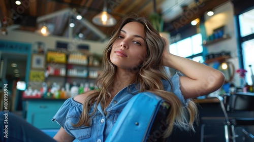 Young woman in a denim outfit relaxing in a salon chair