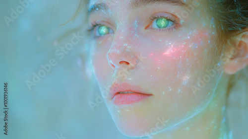 Close-up portrait of a young woman with shimmering green eyes.