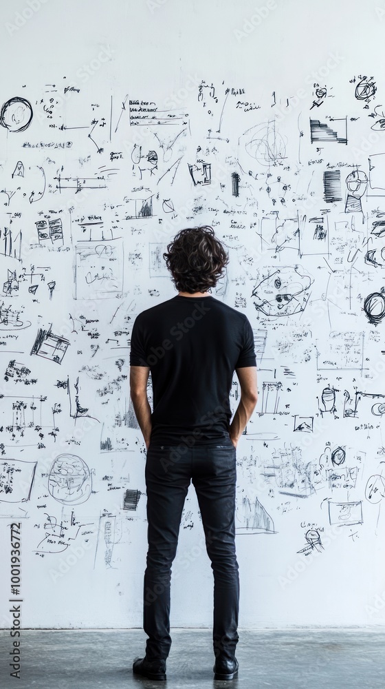 A person observes a wall filled with sketches and ideas, contemplating creativity and inspiration. A person observes a wall filled with sketches and ideas, contemplating creativity and inspiration.