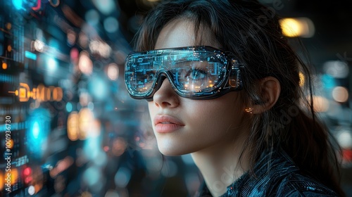 A young woman wearing futuristic glasses engages with holographic technology in a modern urban environment