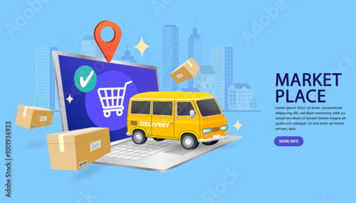 E-commerce marketplace and fast delivery service concept. A delivery van drives out of a laptop screen after a successful online purchase, symbolizing quick order fulfillment and logistics. 