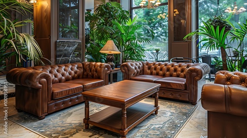 Luxurious retro style reception area with leather sofas wooden coffee tables and green plants