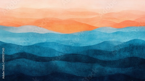 Abstract Watercolor Painting of a Mountain Range with Pink, Orange, and Blue Hues