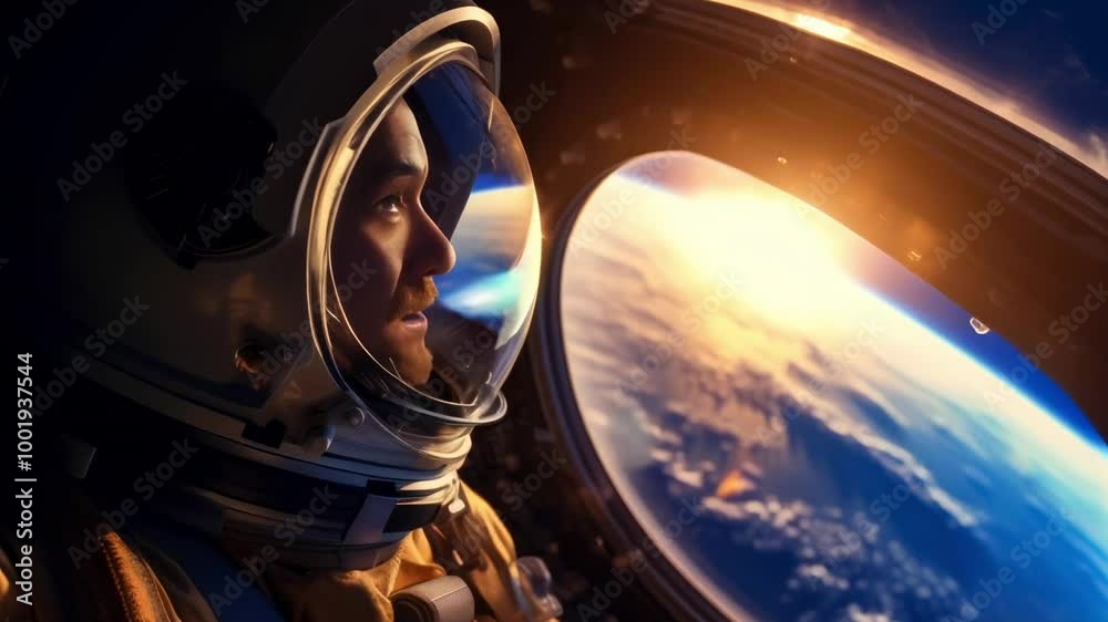 Astronaut gazes out of a spacecraft window, admiring earth rising over the horizon, capturing the essence of space exploration and discovery Astronaut gazes out of a spacecraft window, admiring earth rising over the horizon, capturing the essence of space exploration and discovery