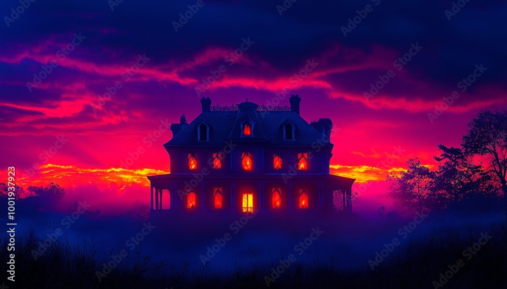 Eerie Haunted House Silhouetted at Twilight with Glowing Windows - Spooky Halloween Background Eerie Haunted House Silhouetted at Twilight with Glowing Windows - Spooky Halloween Background