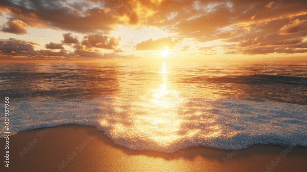 Sunset on a pristine beach, golden light spreading across the water and sand Sunset on a pristine beach, golden light spreading across the water and sand
