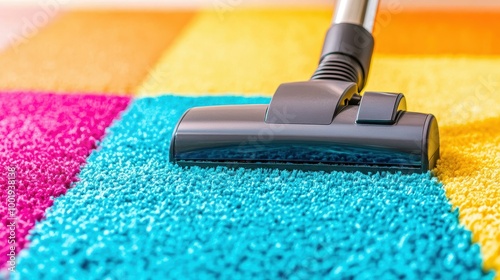 Modern vacuum cleaner on a vibrant carpet highlights efficient cleaning and home upkeep in a stylish living room.