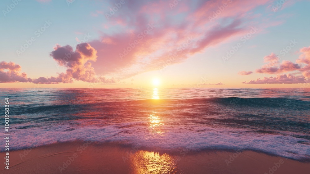 Sunset over an untouched beach, vibrant colors in the sky reflecting on the water
