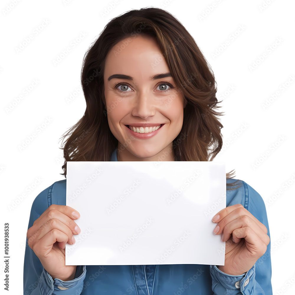 Smiling Woman Holding Blank Paper in Front with Both Hands Smiling Woman Holding Blank Paper in Front with Both Hands