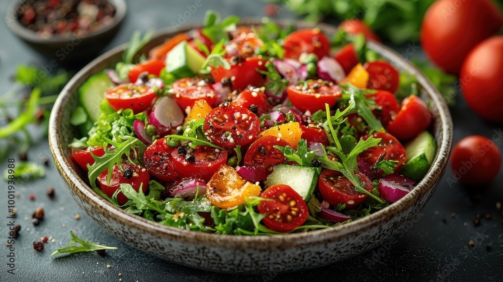 Fresh garden salad with cherry tomatoes, cucumbers, and herbs served in a rustic bowl on a wooden table Fresh garden salad with cherry tomatoes, cucumbers, and herbs served in a rustic bowl on a wooden table