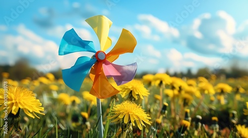 multi colored pinwheel standing on a meadow in front of yellow dandelion blossoms