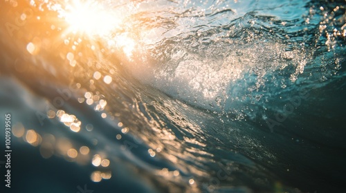 A close-up of a wave with sunlight streaming through, creating rays of light that penetrate the water