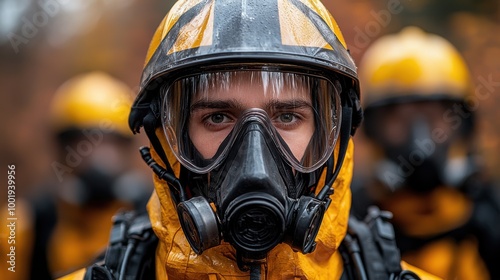 A firefighter in protective gear prepares for a mission during a rainy day in an outdoor environment