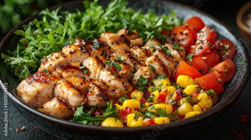 Grilled chicken salad with fresh greens, cherry tomatoes, and mango salsa in a vibrant bowl