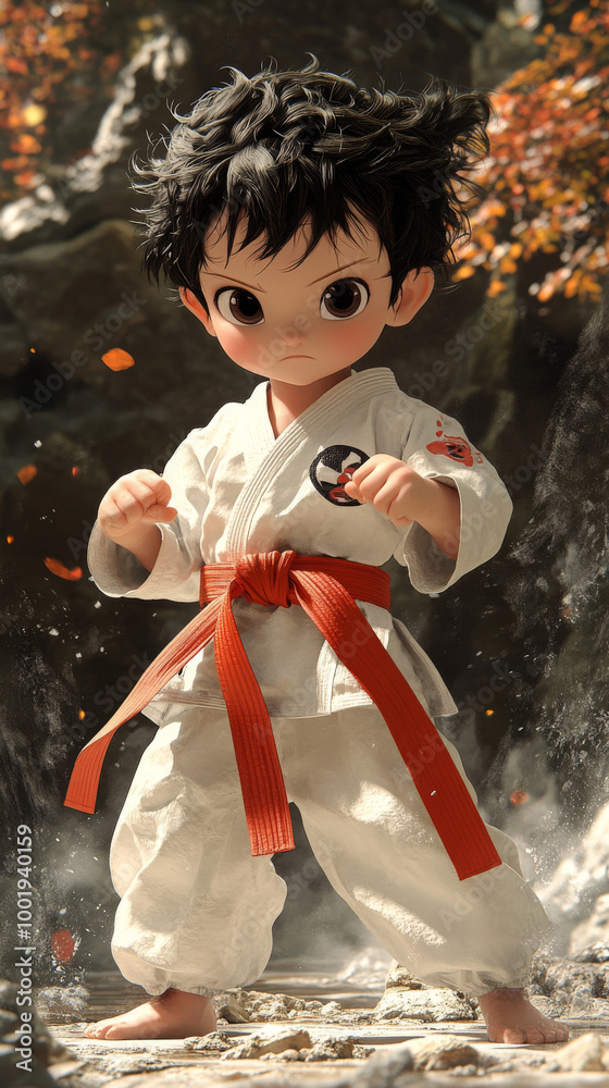 Obraz premium Young boy in karate gi, ready to strike.