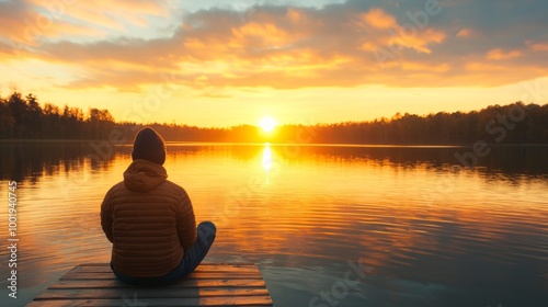 Silhouette of woman meditating on a lotus flower at sunset on a calm lake, surrounded by nature