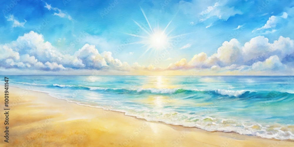 Obraz premium Pastel watercolor painting of a sunny day at the beach, pastel, colors, watercolor, painting, sunny, day, beach, sea, ocean