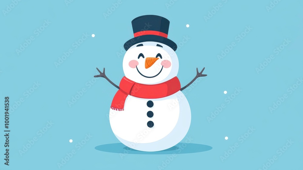 A charming flat design of a lively snowman, joyfully animated with textured details and closed eyes, radiating fun A charming flat design of a lively snowman, joyfully animated with textured details and closed eyes, radiating fun