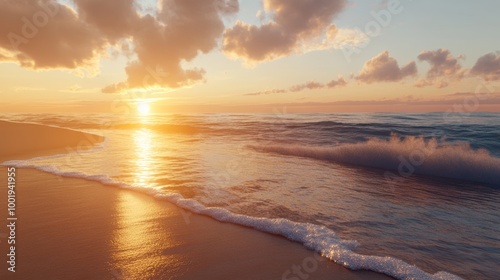 A serene beach at sunset, golden light reflecting on the sand and water