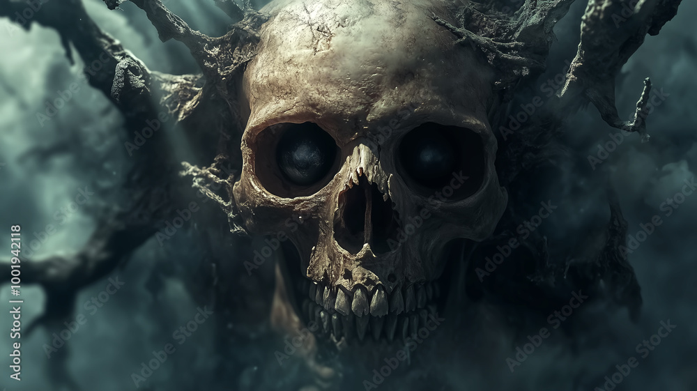 An eerie skull emerges from ominous clouds, surrounded by twisted branches, creating a dark and haunting atmosphere. An eerie skull emerges from ominous clouds, surrounded by twisted branches, creating a dark and haunting atmosphere.