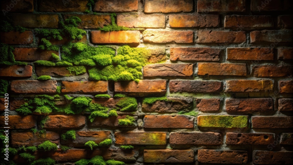 Dimly lit old brick wall with moss growing in between the cracks, dark, vintage, textured, background, urban, decay Dimly lit old brick wall with moss growing in between the cracks, dark, vintage, textured, background, urban, decay