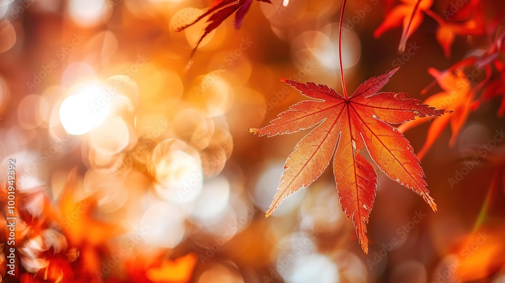 Fototapeta premium Gorgeous Autumn Red Maple Leaf Forest Background Picture: A Captivating Seasonal Display. Admire the Beauty and Tranquility.