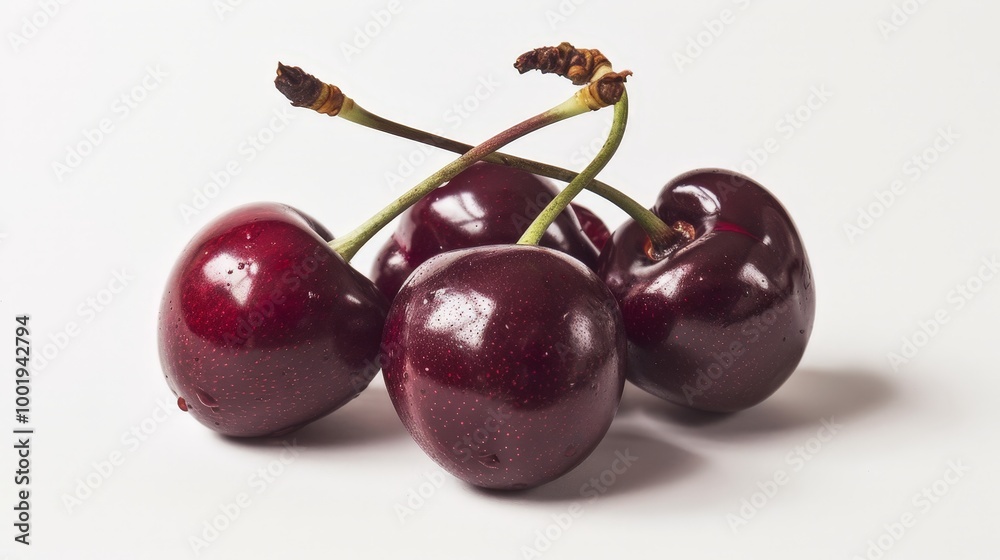 Four Ripe Cherries on a White Background Four Ripe Cherries on a White Background