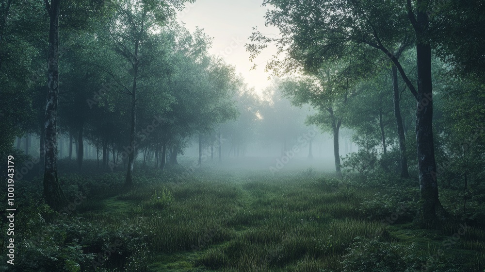 A tranquil forest at dawn, covered in light mist A tranquil forest at dawn, covered in light mist