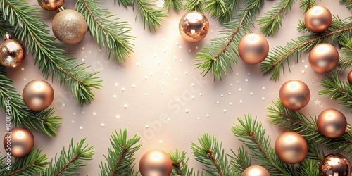 Xmas background with fir branches and rose gold balls, Christmas, holiday, festive, decorations, ornaments