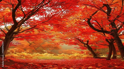 Gorgeous Autumn Red Maple Leaf Forest Background Picture: A Captivating Seasonal Display. Admire the Beauty and Tranquility.