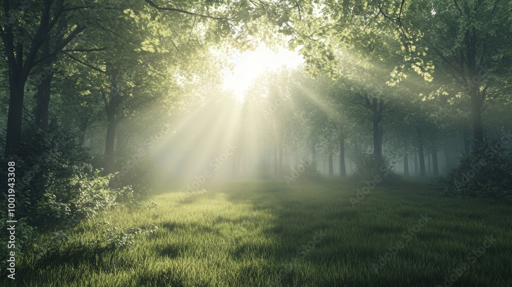 A tranquil forest clearing at daybreak, shrouded in light mist A tranquil forest clearing at daybreak, shrouded in light mist
