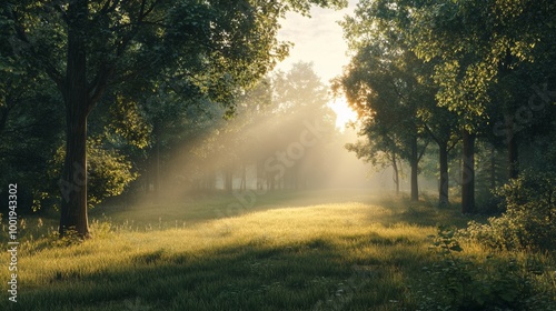 A tranquil forest clearing at dawn, enveloped in light mist