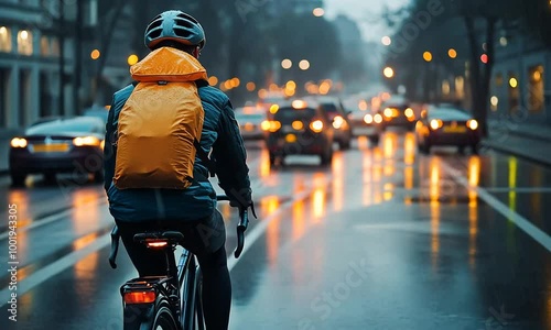 Cyclist in rain on a city street with blurred traffic lights.